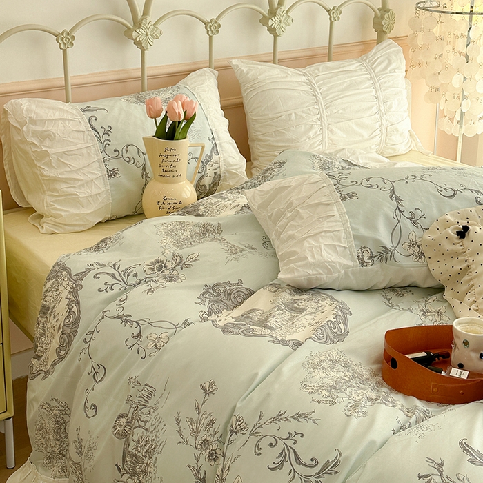 91家纺网 家纺一手货源 找家纺 （总）昔可 新款褶皱花边全棉复古风四件套