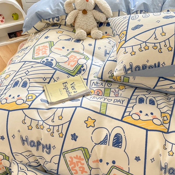 91家纺网 家纺一手货源 找家纺 本制 2024新款全棉印花小清新四件套 发财兔