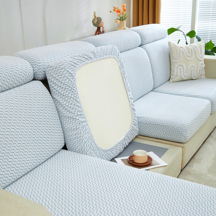 91家纺网 家纺一手货源 找家纺 千彤 2024新款常规款-阳离子拉花绒水波纹系列沙发笠沙发套罩弹力全包 浅蓝