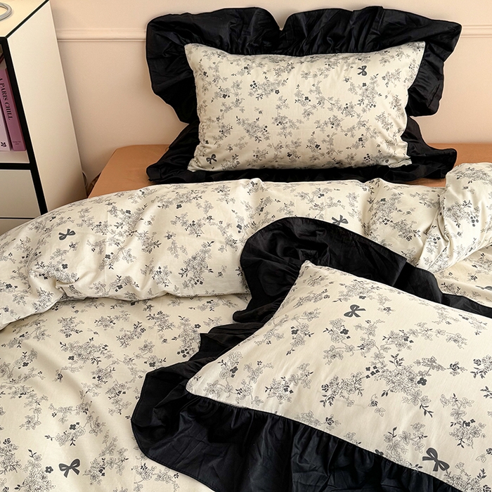91家纺网 家纺一手货源 找家纺 昔可 新款单层大黑边复古花轻奢风四件套 花影蝴蝶