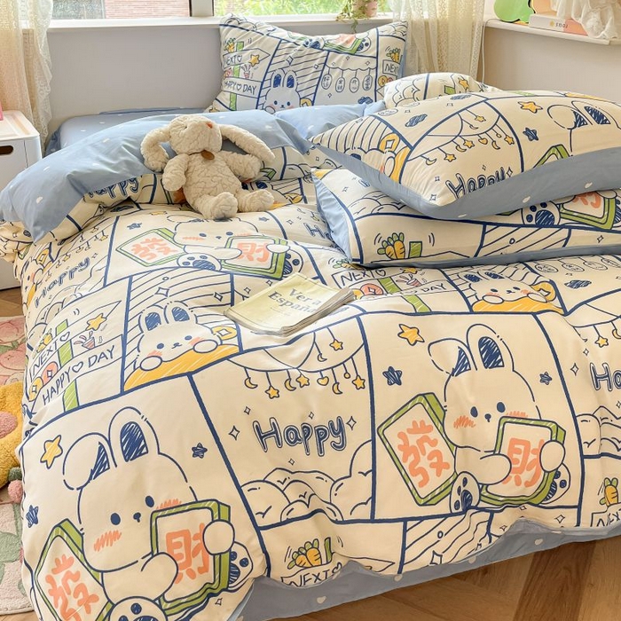 91家纺网 家纺一手货源 找家纺 本制 2024新款全棉印花小清新四件套 发财兔