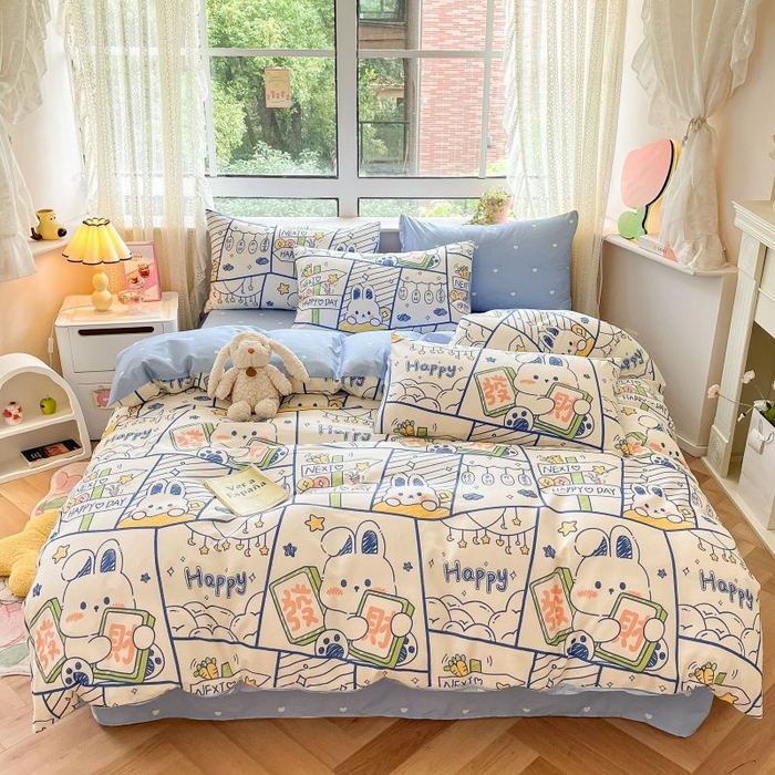 91家纺网 家纺一手货源 找家纺 本制 2024新款全棉印花小清新四件套 发财兔