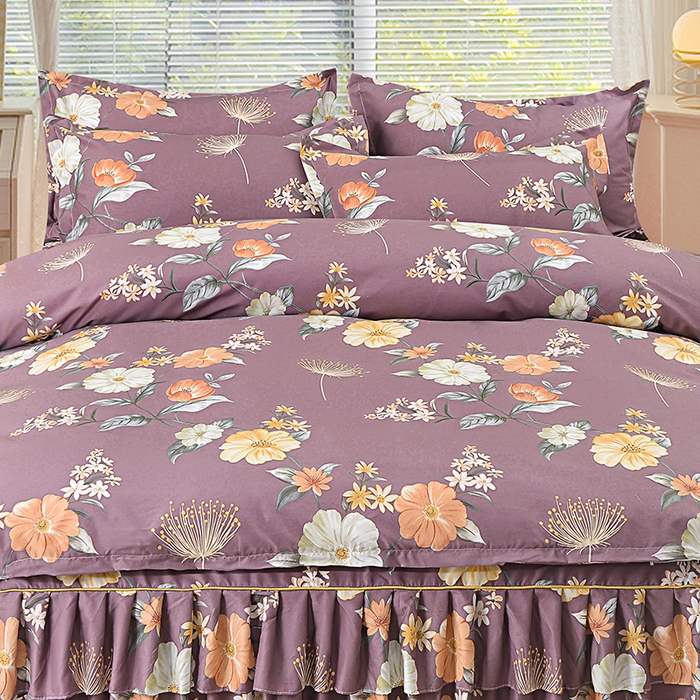 91家纺网 家纺一手货源 找家纺 小雨家纺 2026新款芦荟棉床裙四件套 如花似锦-棕