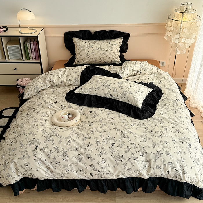 91家纺网 家纺一手货源 找家纺 昔可 新款单层大黑边复古花轻奢风四件套 花影蝴蝶