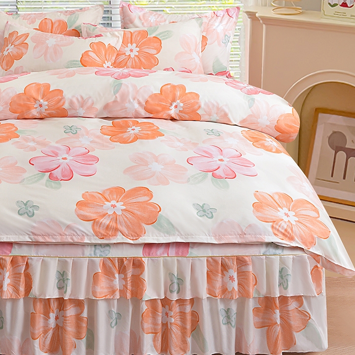 91家纺网 家纺一手货源 找家纺 小雨家纺 2026新款芦荟棉床裙四件套 甜梦-桔