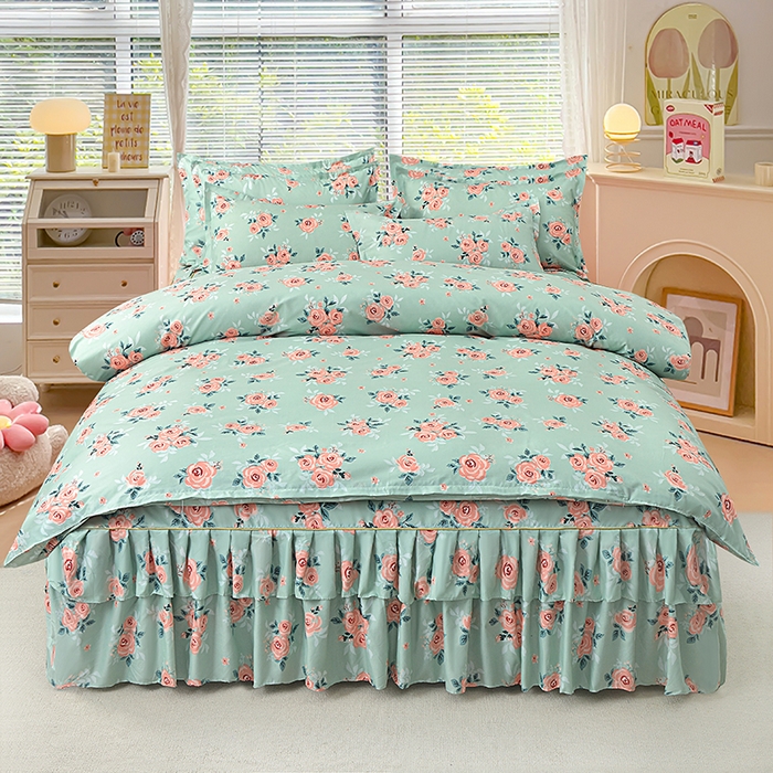 91家纺网 家纺一手货源 找家纺 小雨家纺 2026新款芦荟棉床裙四件套 春暖花开-浅绿