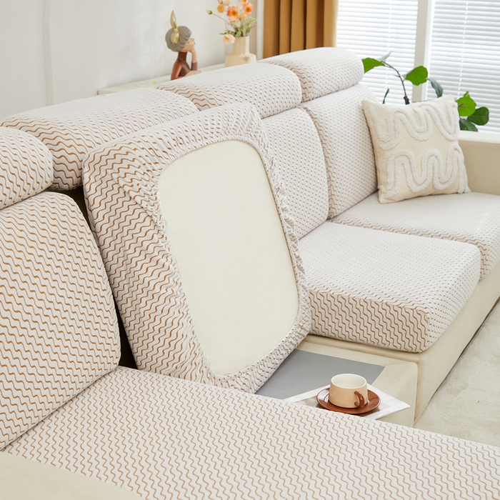 91家纺网 家纺一手货源 找家纺 千彤 2024新款常规款-阳离子拉花绒水波纹系列沙发笠沙发套罩弹力全包 咖色