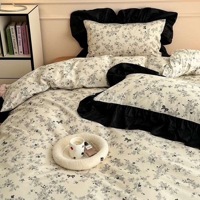 91家纺网 家纺一手货源 找家纺 昔可 新款单层大黑边复古花轻奢风四件套 花影蝴蝶