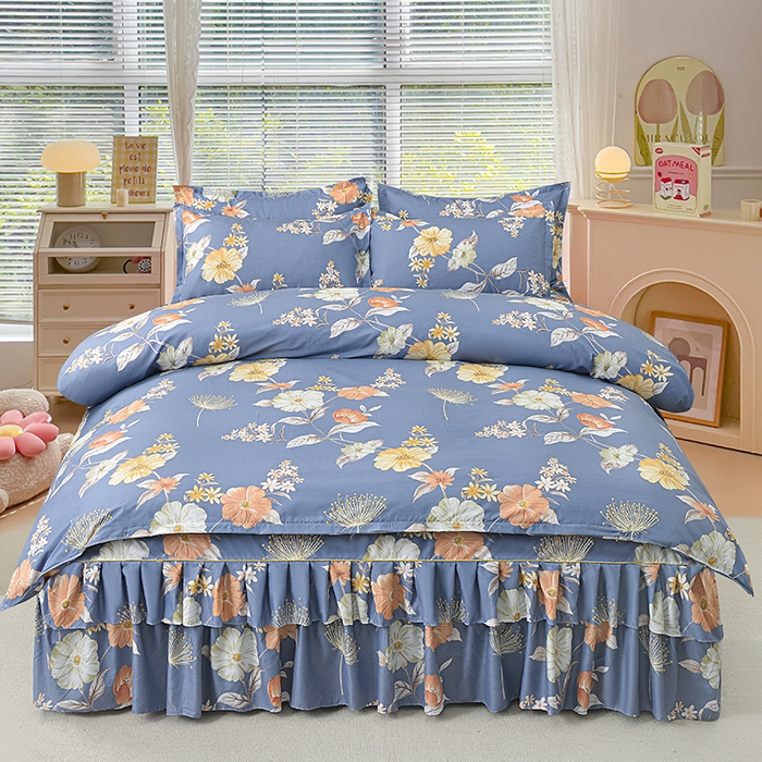 91家纺网 家纺一手货源 找家纺 小雨家纺 2026新款芦荟棉床裙四件套 如花似锦-深灰