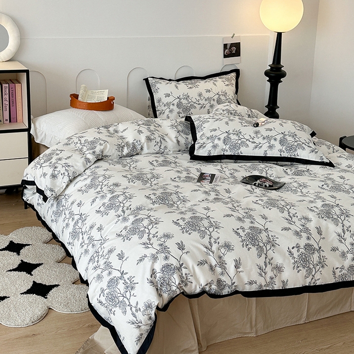 91家纺网 家纺一手货源 找家纺 昔可 2024新款单层黑边复古花古典儒雅四件套 香浮花月