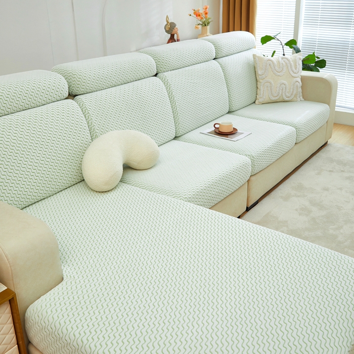 91家纺网 家纺一手货源 找家纺 千彤 2024新款常规款-阳离子拉花绒水波纹系列沙发笠沙发套罩弹力全包 浅绿