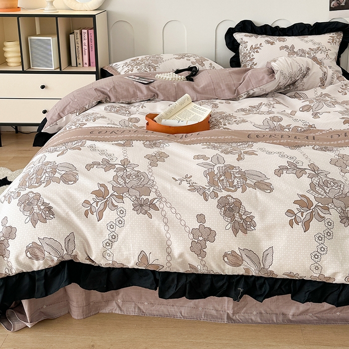 91家纺网 家纺一手货源 找家纺 昔可 新款单层大黑边复古花轻奢风四件套 复古咖花