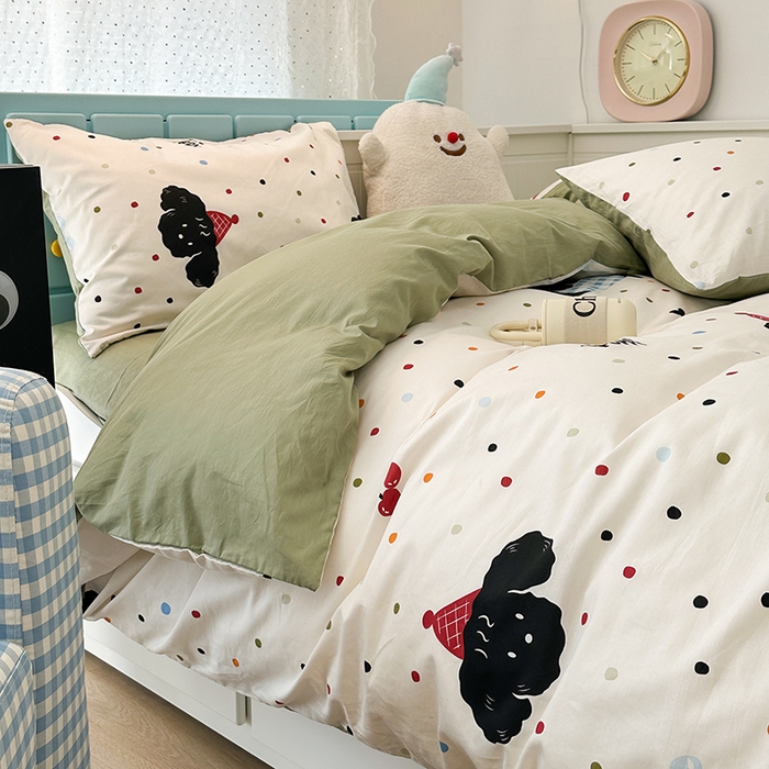 91家纺网 家纺一手货源 找家纺 昔可 新款多巴胺卡通简约风可爱亲肤四件套 哈皮狗狗