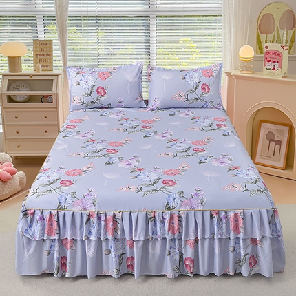 小雨家纺 2026新款芦荟棉床裙三件套 如花似锦-浅灰