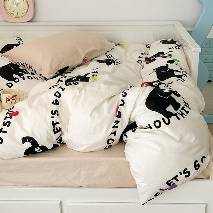 91家纺网 家纺一手货源 找家纺 昔可 新款多巴胺卡通简约风可爱亲肤四件套 小黑象