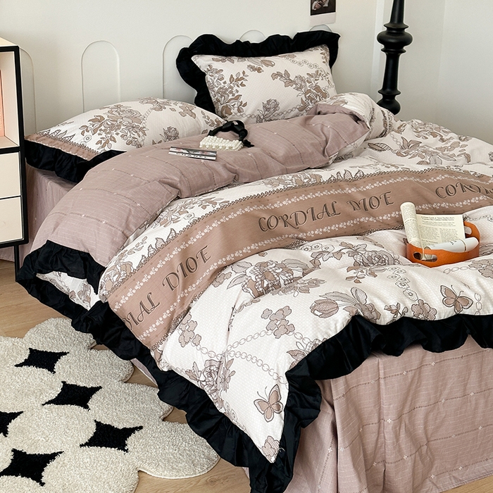 91家纺网 家纺一手货源 找家纺 昔可 新款单层大黑边复古花轻奢风四件套 复古咖花