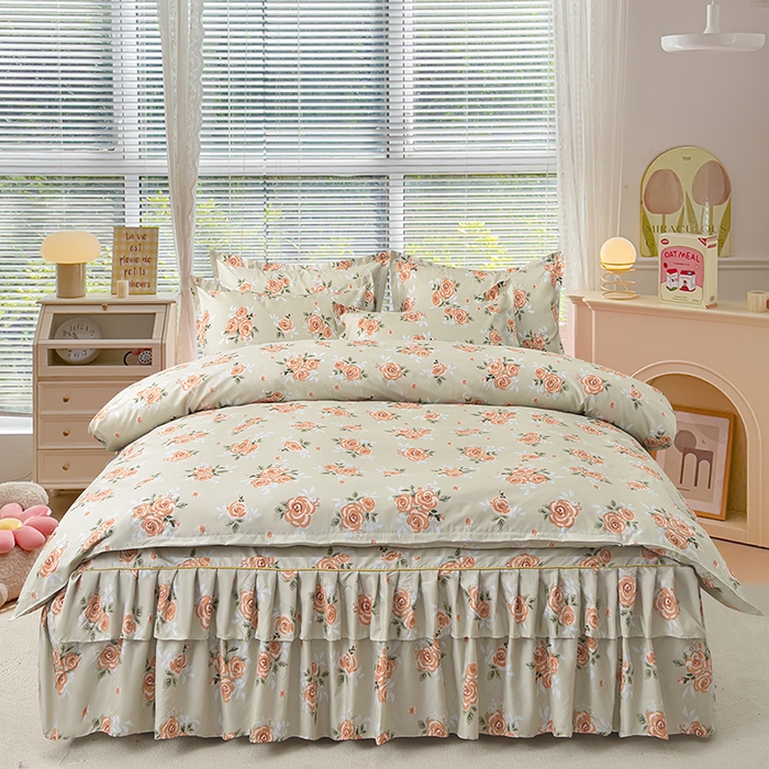 91家纺网 家纺一手货源 找家纺 小雨家纺 2026新款芦荟棉床裙四件套 春暖花开-棕