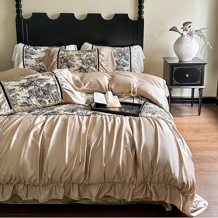 91家纺网 家纺一手货源 找家纺 黛舒家居 2024新款60s兰精天丝数码印花四件套-杨树林 杨树林-棕