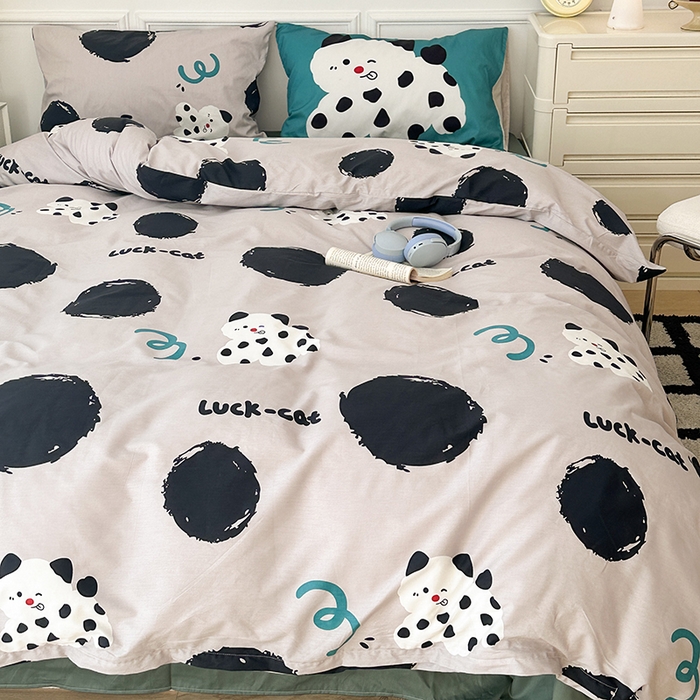 91家纺网 家纺一手货源 找家纺 昔可 新款创意枕套时尚柔舒全棉四件套 波点好运猫
