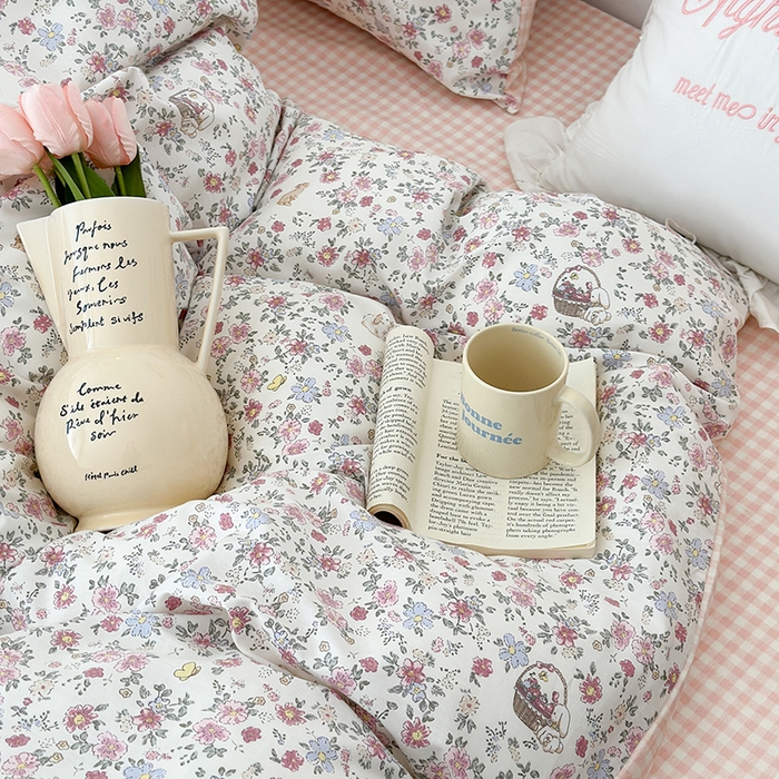 91家纺网 家纺一手货源 找家纺 昔可 新款春日氛围感小清新亲肤四件套 小兔花蓝