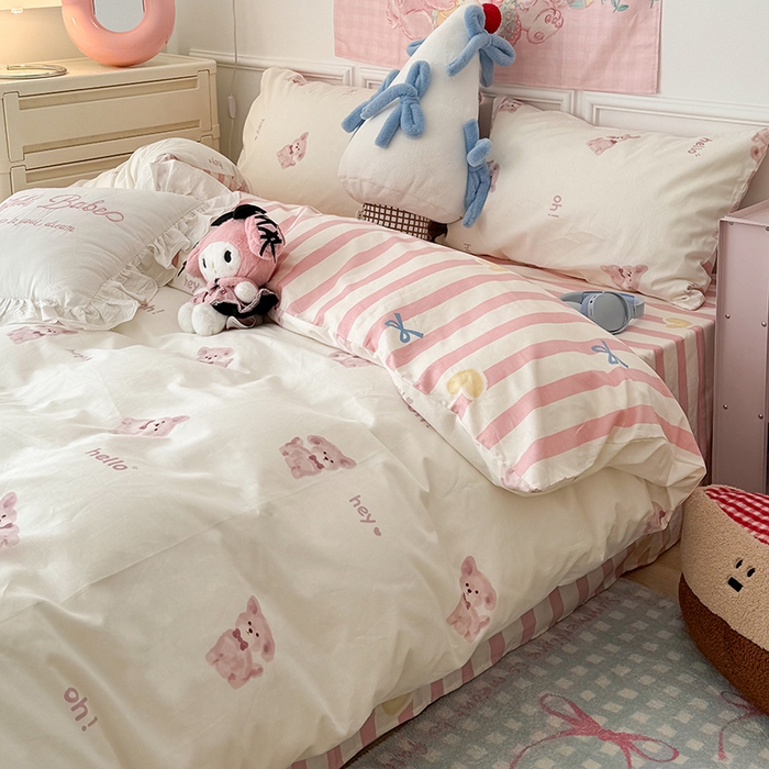 91家纺网 家纺一手货源 找家纺 昔可 新款多巴胺卡通简约风可爱亲肤四件套 蝴蝶结狗狗