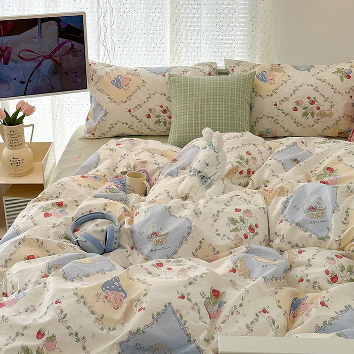 91家纺网 家纺一手货源 找家纺 昔可 新款多巴胺卡通简约风可爱亲肤四件套 菱格莓莓兔