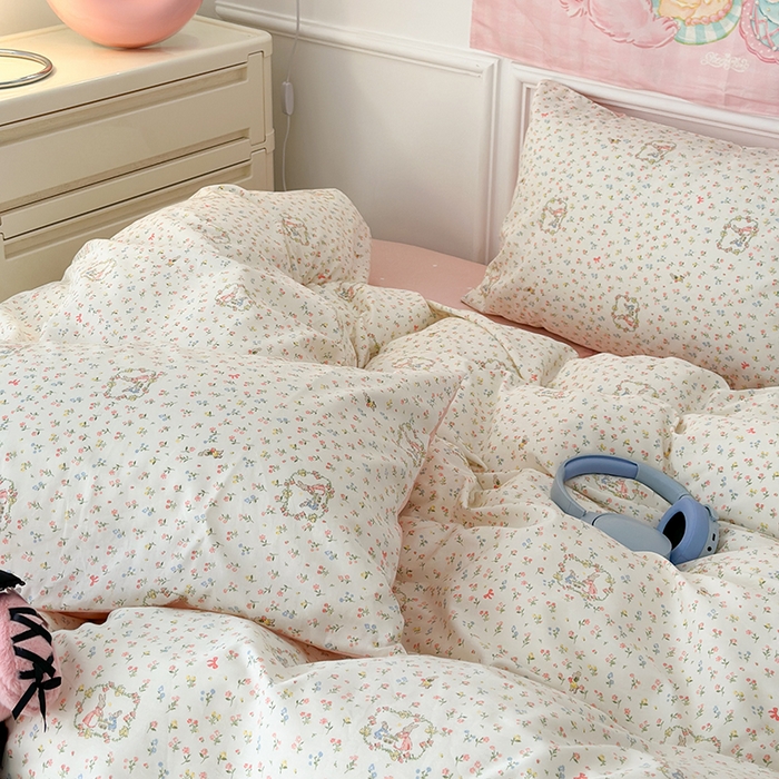 91家纺网 家纺一手货源 找家纺 昔可 新款春日氛围感小清新亲肤四件套 花园小兔