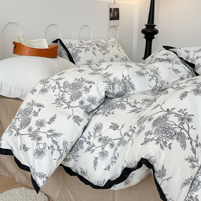 91家纺网 家纺一手货源 找家纺 昔可 2024新款单层黑边复古花古典儒雅四件套 香浮花月