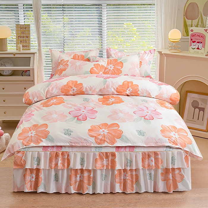 91家纺网 家纺一手货源 找家纺 小雨家纺 2026新款芦荟棉床裙四件套 甜梦-桔