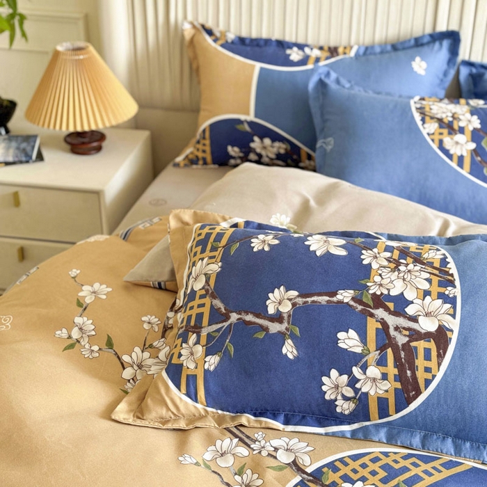 91家纺网 家纺一手货源 找家纺 优尚家纺 2025新款亲肤磨毛新国风大版系列四件套 碧金海棠