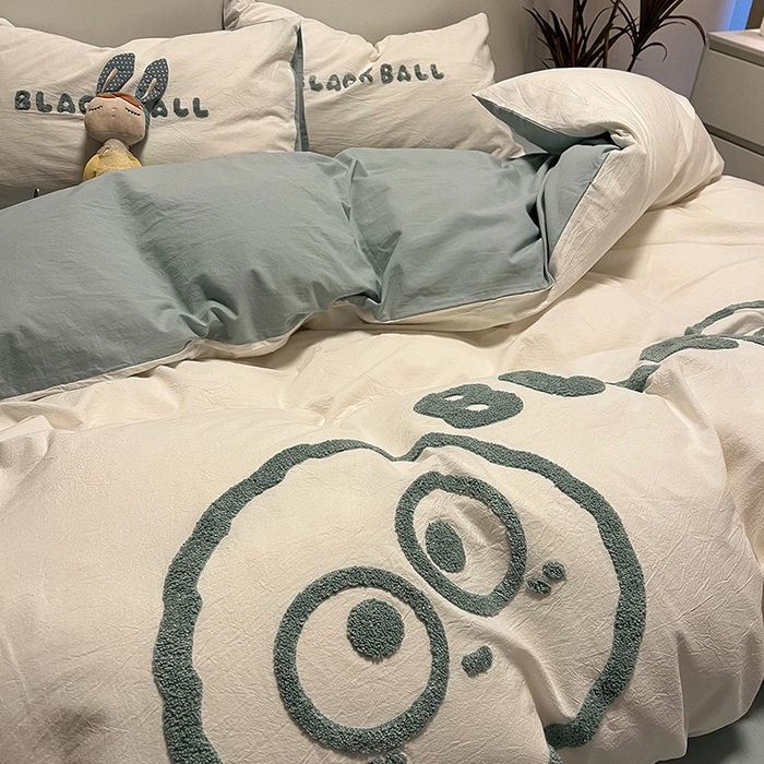 91家纺网 家纺一手货源 找家纺 眠帛家居 2024新款水洗棉毛巾绣四件套-煤球系列 繁星蓝