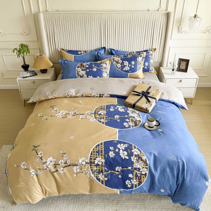 91家纺网 家纺一手货源 找家纺 优尚家纺 2025新款亲肤磨毛新国风大版系列四件套 碧金海棠