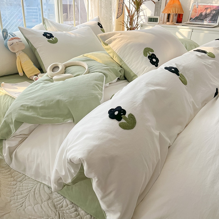 91家纺网 家纺一手货源 找家纺 眠帛家居 2024新款水洗棉奶油小清新毛巾绣四件套早春系列 朵朵奶油绿