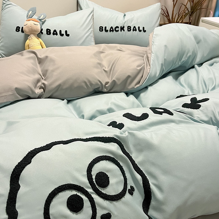 91家纺网 家纺一手货源 找家纺 眠帛家居 2024新款水洗棉毛巾绣四件套-煤球系列 繁星蓝-灰