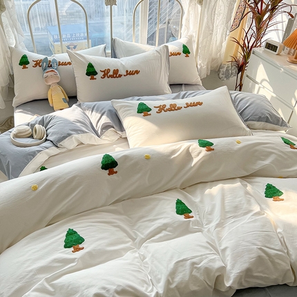 眠帛家居 2024新款水洗棉奶油小清新毛巾绣四件套早春系列 圣诞树蓝灰
