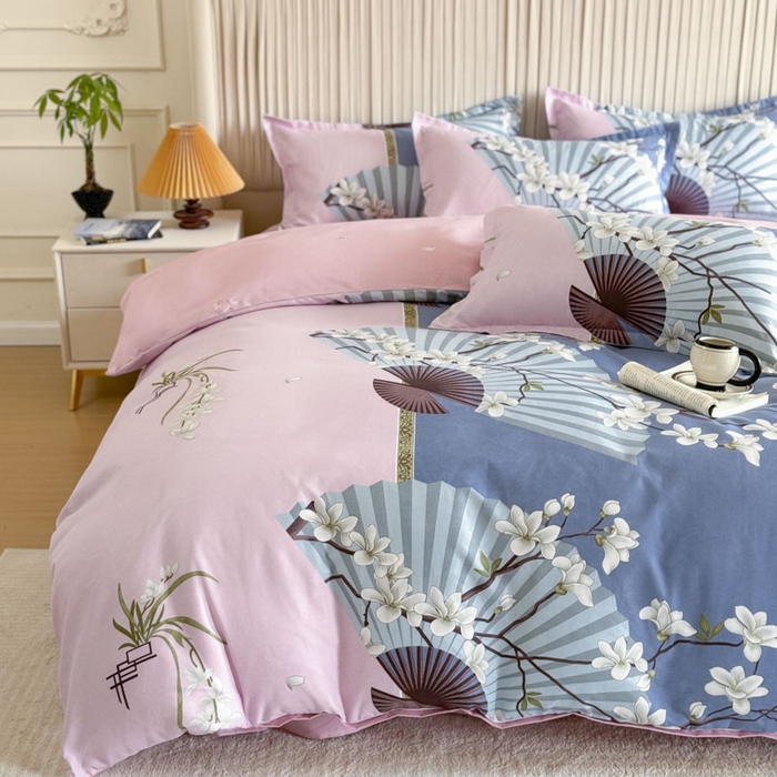 91家纺网 家纺一手货源 找家纺 优尚家纺 2025新款亲肤磨毛新国风大版系列四件套 柔逸扇花