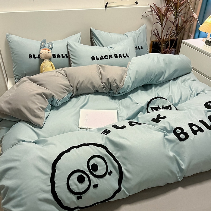 91家纺网 家纺一手货源 找家纺 眠帛家居 2024新款水洗棉毛巾绣四件套-煤球系列 繁星蓝-灰