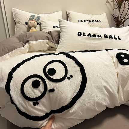 91家纺网 家纺一手货源 找家纺 眠帛家居 2024新款水洗棉毛巾绣四件套-煤球系列 浅灰