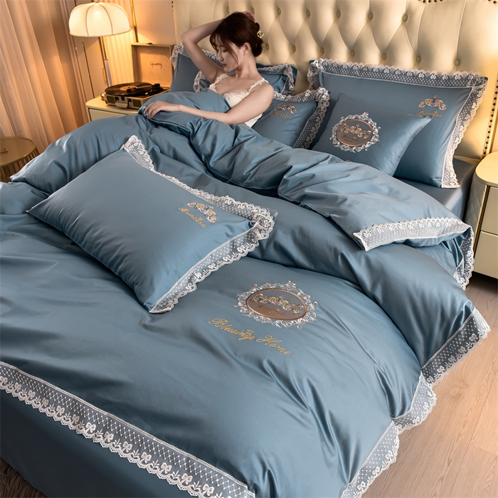 91家纺网 家纺一手货源 找家纺 瑞驰家纺 2024新款长绒棉爱丽丝公主四件套系列  精美法式轻奢风四件套系列 爱丽丝公主-雅蓝