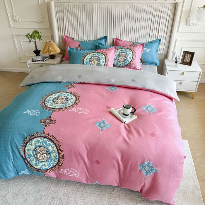 91家纺网 家纺一手货源 找家纺 优尚家纺 2025新款亲肤磨毛新国风大版系列四件套 福绿缘红