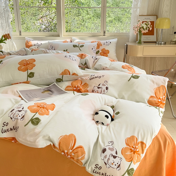 91家纺网 家纺一手货源 找家纺 乐萱家纺 2024新款水洗云朵棉被套小清新超柔印花单被套 爱心猫咪