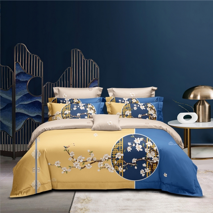 91家纺网 家纺一手货源 找家纺 优尚家纺 2025新款亲肤磨毛新国风大版系列四件套 碧金海棠