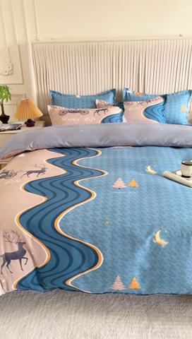 91家纺网 家纺一手货源 找家纺 优尚家纺 2025新款亲肤磨毛新国风大版系列四件套 金碧鹿影