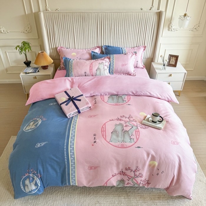 91家纺网 家纺一手货源 找家纺 优尚家纺 2025新款亲肤磨毛新国风大版系列四件套 静黛梅芳