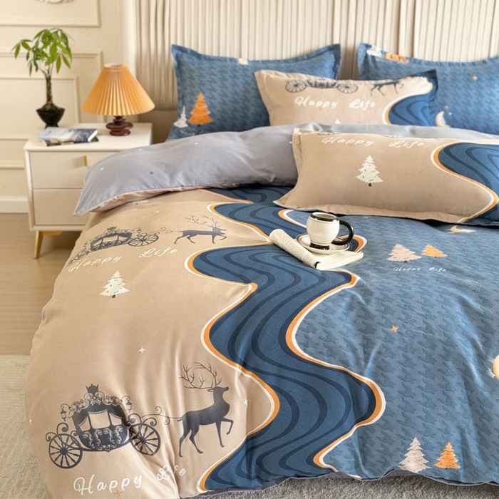 91家纺网 家纺一手货源 找家纺 优尚家纺 2025新款亲肤磨毛新国风大版系列四件套 金碧鹿影