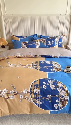 91家纺网 家纺一手货源 找家纺 优尚家纺 2025新款亲肤磨毛新国风大版系列四件套 碧金海棠