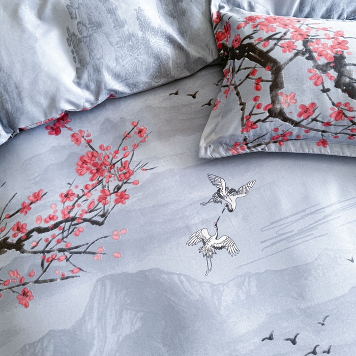 91家纺网 家纺一手货源 找家纺 优尚家纺 2025新款亲肤磨毛新国风大版系列四件套 水墨梅亭