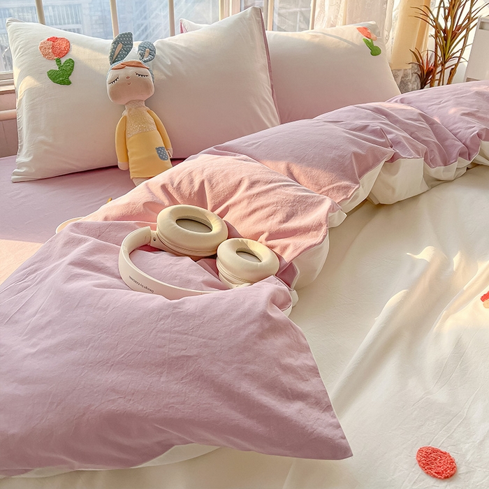 91家纺网 家纺一手货源 找家纺 眠帛家居 2024新款水洗棉奶油小清新毛巾绣四件套早春系列 郁金香奶油紫