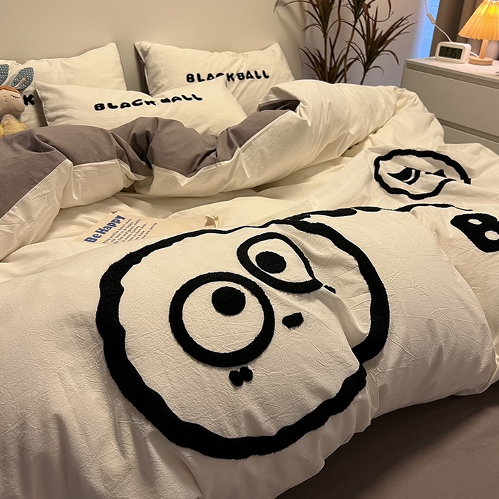 91家纺网 家纺一手货源 找家纺 眠帛家居 2024新款水洗棉毛巾绣四件套-煤球系列 浅灰