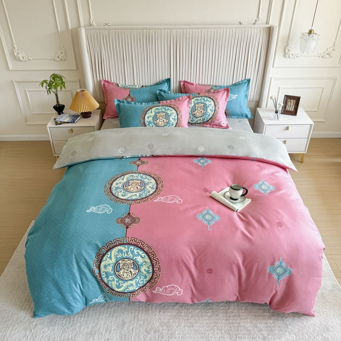 91家纺网 家纺一手货源 找家纺 优尚家纺 2025新款亲肤磨毛新国风大版系列四件套 福绿缘红